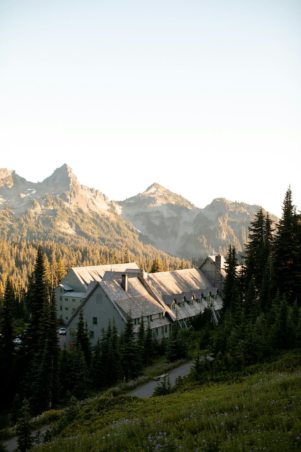 Grey lodge with green accents in evergreen forest near mountains.