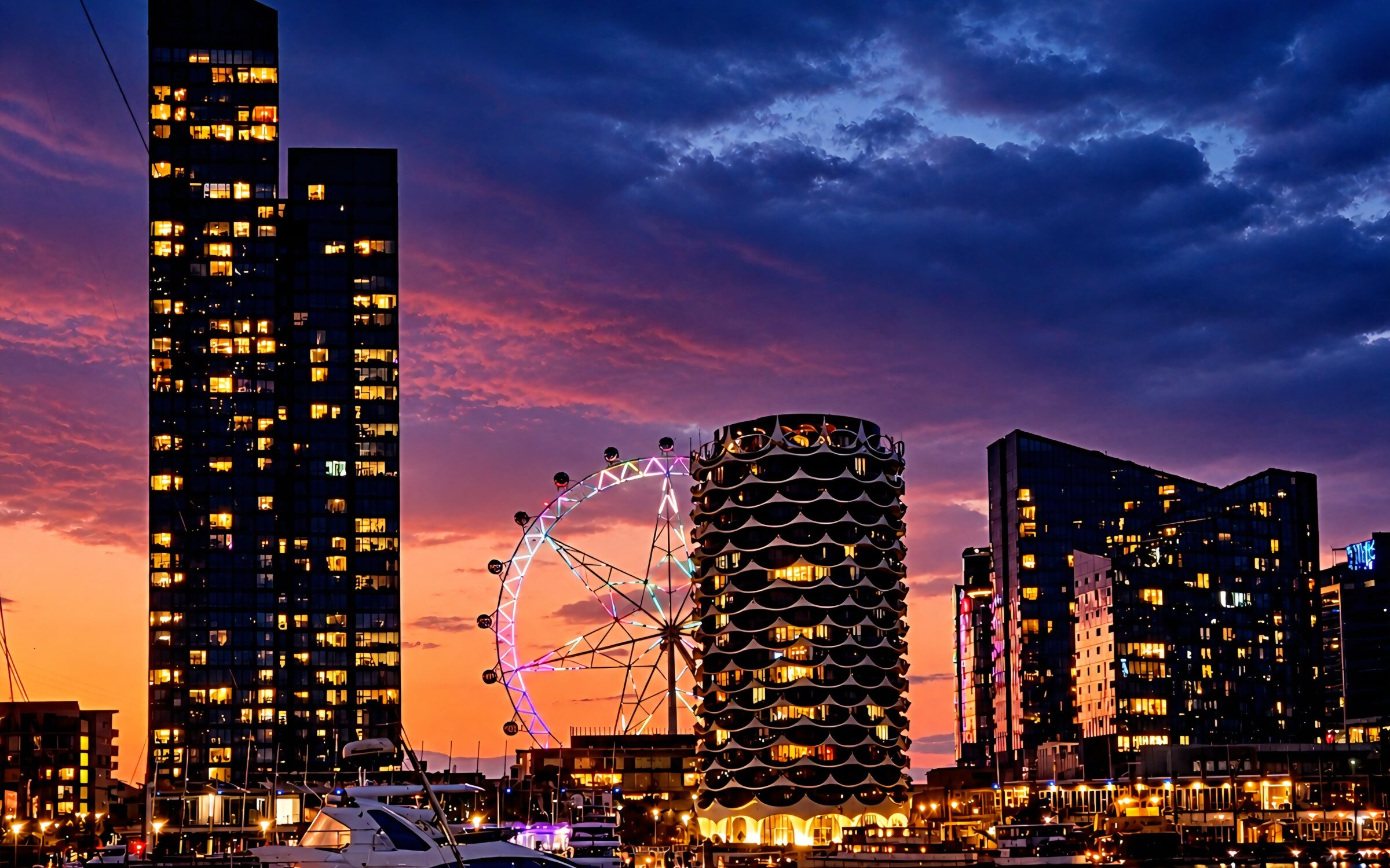 Melbourne Docklands waterfront at dusk.