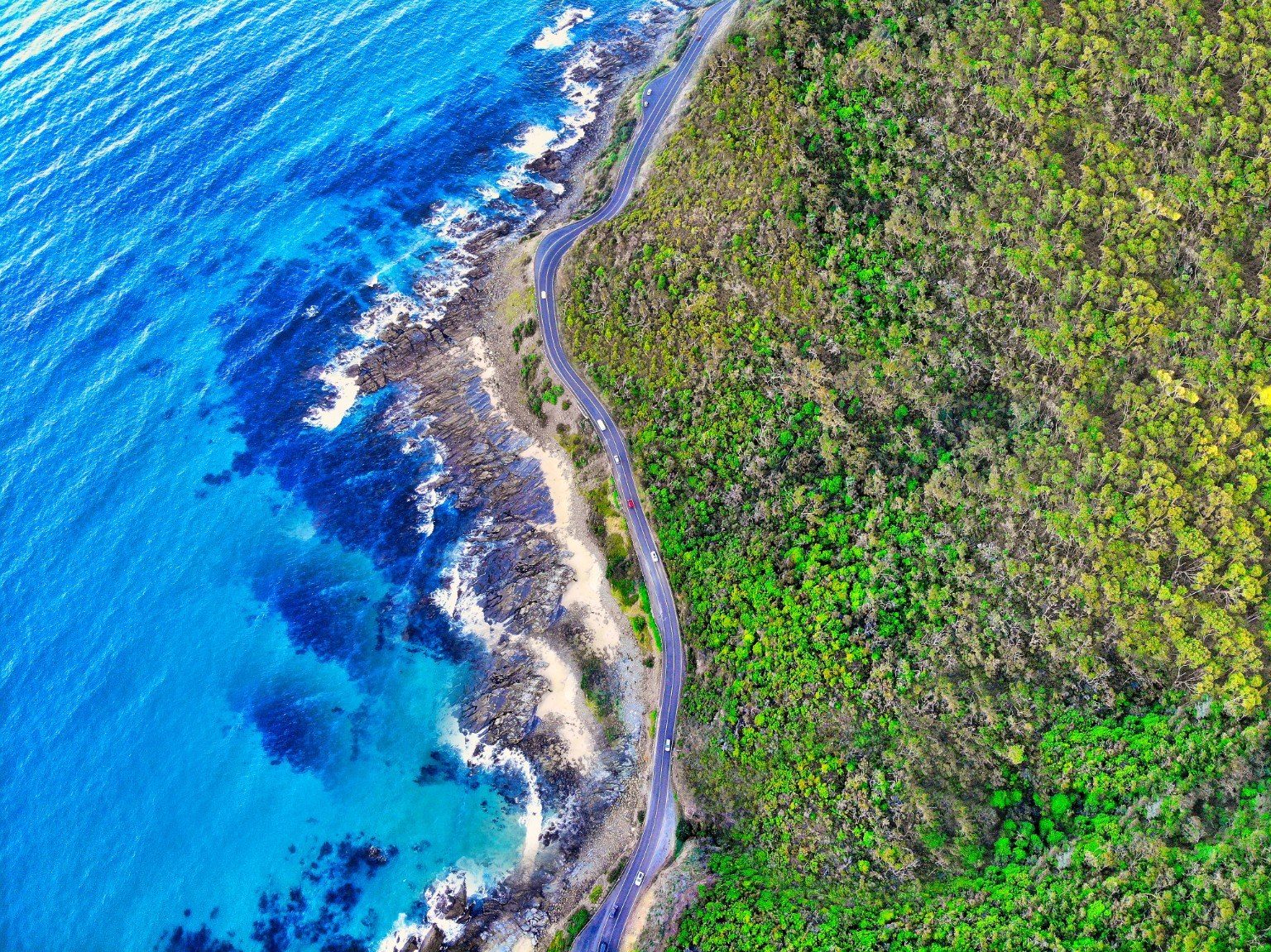 Aerial view of the Great Ocean Road coastline in Victoria.